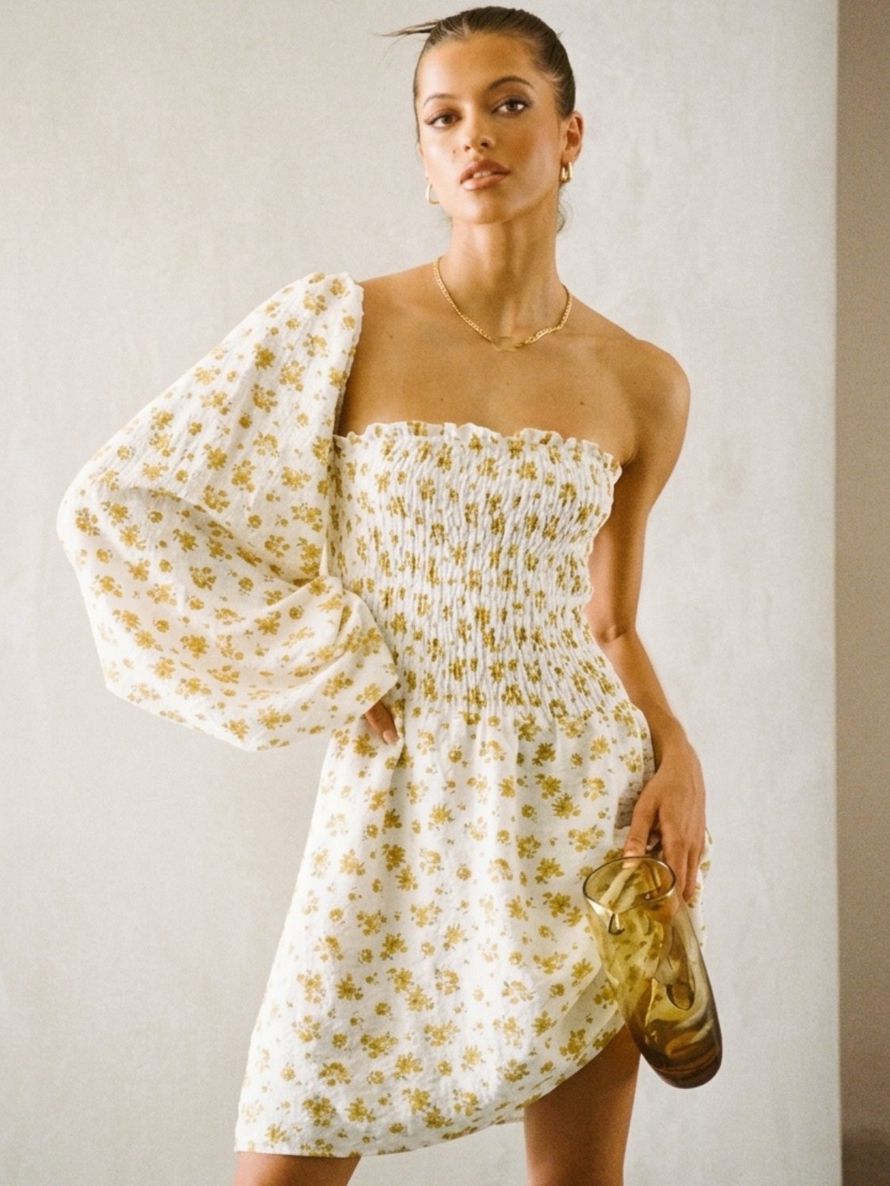 SABO Winslet Mini Dress Cream Yellow Floral One Shoulder Smocked Size 2